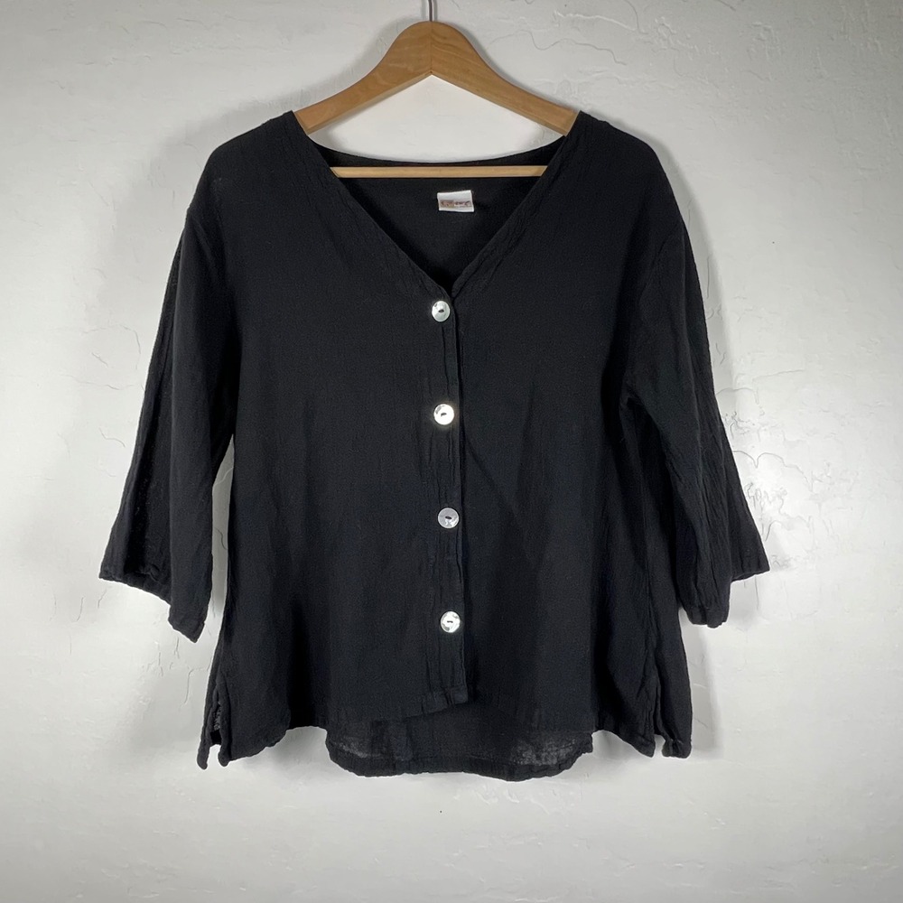 Oh My Gauze Womens Black Cotton Button Front V-Neck 3/4 Sleeve Top Size 1